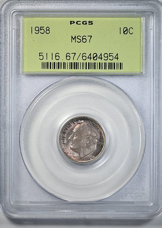 1958 Roosevelt Dime 10C PCGS MS67 OGH - NICE COLOR!