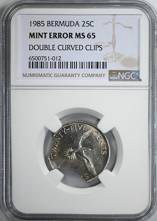1985 Bermuda 25C Cents NGC Mint Error MS65 - Doubled Curved Clips