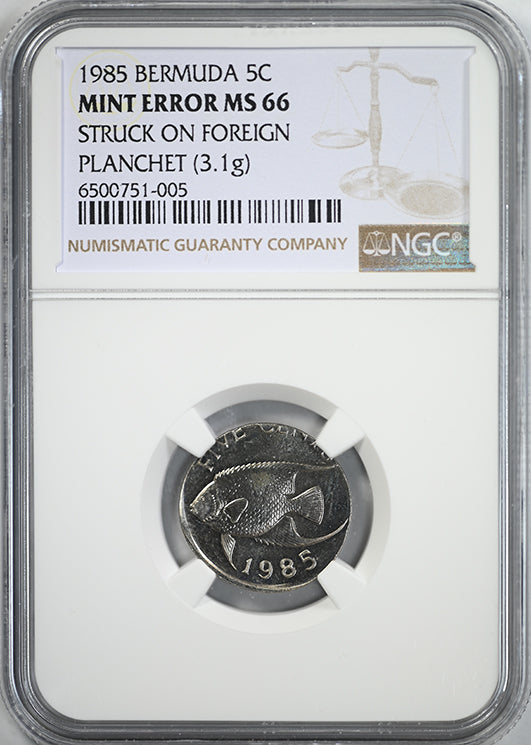 1985 Bermuda 5C Cents NGC Mint Error MS66 - Struck on Foreign Planchet