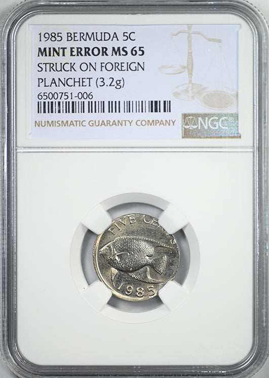 1985 Bermuda 5C Cents NGC Mint Error MS65 - Struck on Foreign Planchet
