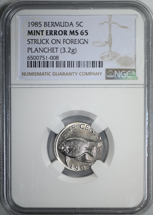 1985 Bermuda 5C Cents NGC Mint Error MS65 - Struck on Foreign Planchet