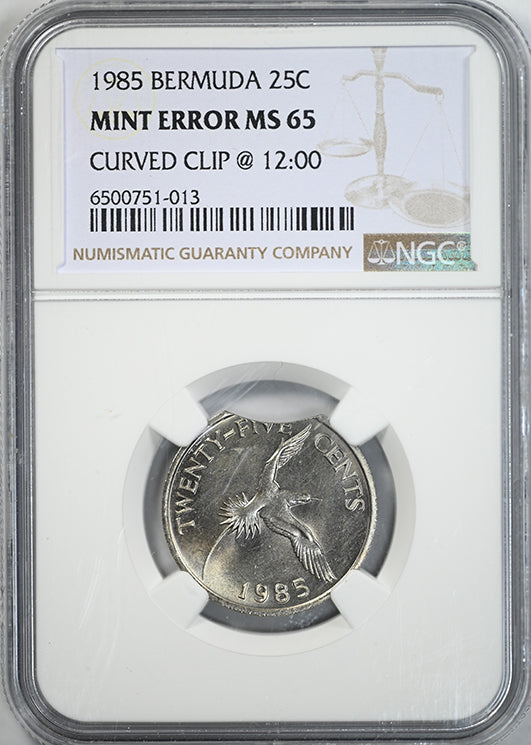 1985 Bermuda 25C Cents NGC Mint Error MS65 - Curved Clip @ 12:00