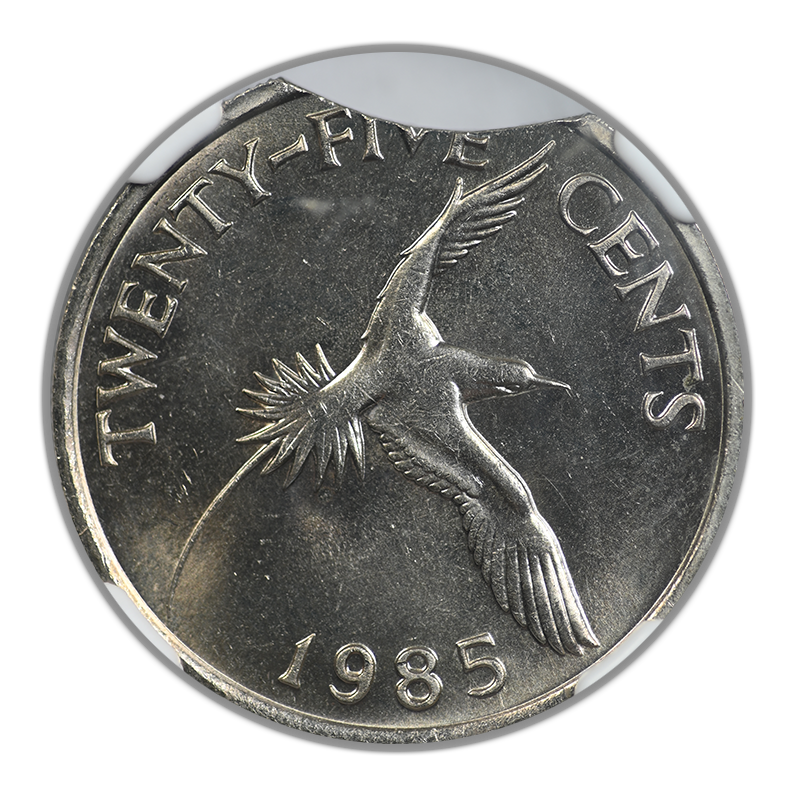 1985 Bermuda 25C Cents NGC Mint Error MS65 - Curved Clip @ 12:00