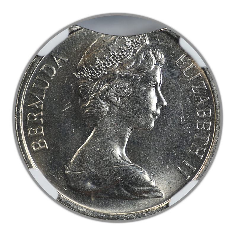 1985 Bermuda 25C Cents NGC Mint Error MS65 - Curved Clip @ 12:00