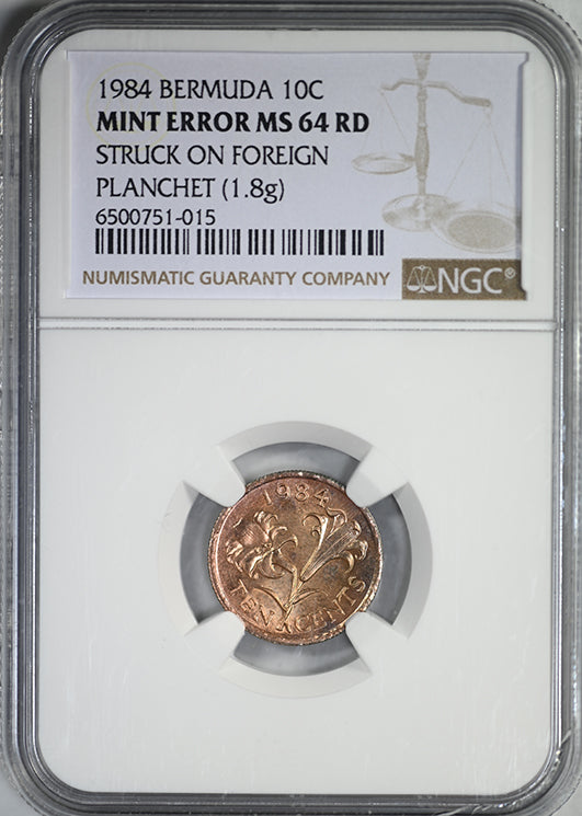 1984 Bermuda 10C Cents NGC Mint Error MS64RD - Struck on Foreign Planchet