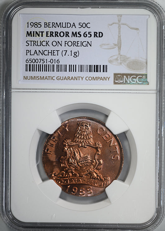 1985 Bermuda 50C Cents NGC Mint Error MS65RD - Struck on Foreign Planchet