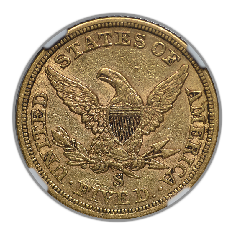 1856-S Liberty Head Gold Half Eagle $5 NGC AU53 CAC Reverse