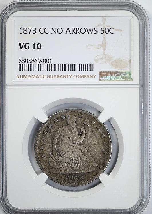 1873-CC Liberty Seated Half Dollar 50C NGC VG10 Obverse Slab