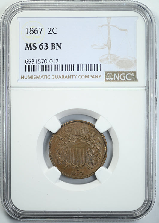 1867 Two Cent Piece 2C NGC MS63BN Obverse Slab