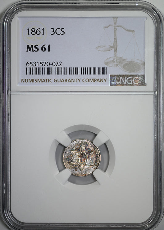 1861 Three Cent Silver Piece 3CS NGC MS61 - TONED!