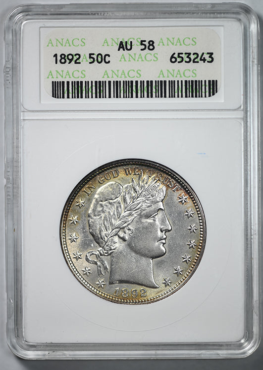 1892 Barber Half Dollar 50C ANACS Soapbox AU58