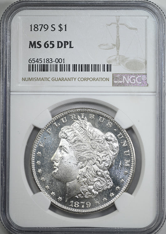 1879-S Morgan Dollar $1 NGC MS65DMPL - Deep Mirror Prooflike Obverse Slab