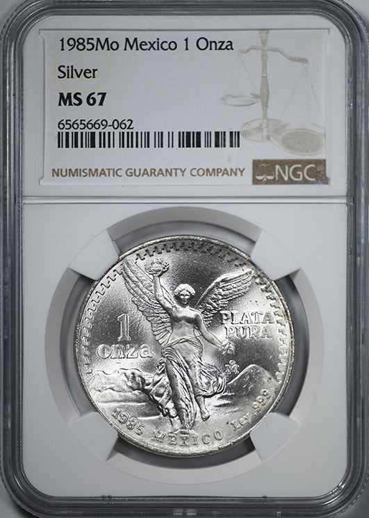 1985-Mo Mexico Silver Libertad 1 Onza NGC MS67
