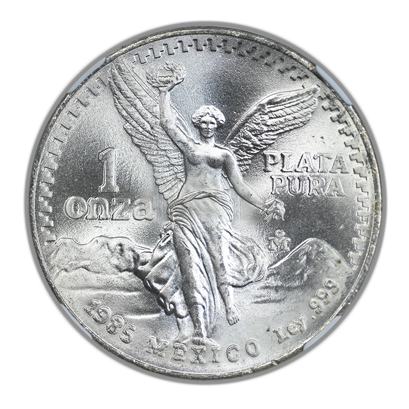 1985 Mo Mexico Silver Libertad 1 Onza NGC MS67