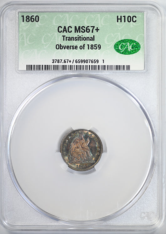 1860 Liberty Seated Half Dime H10C CAC MS67+ Transitional, Obverse of 1859 - TONED!