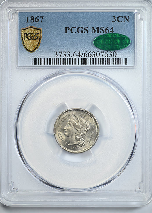 1867 Three Cent Nickel Piece 3CN PCGS MS64 CAC