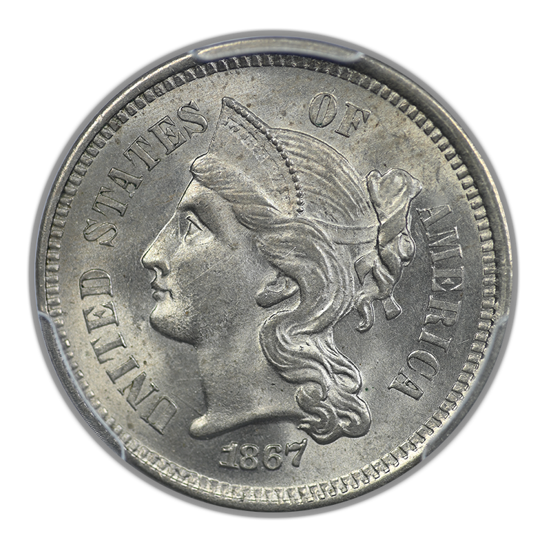 1867 Three Cent Nickel Piece 3CN PCGS MS64 CAC