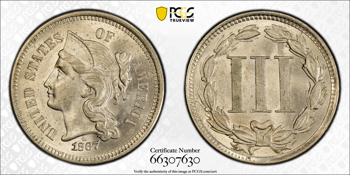 1867 Three Cent Nickel Piece 3CN PCGS MS64 CAC