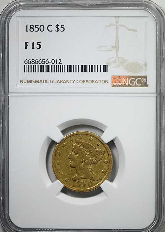 1850-C Liberty Head Gold Half Eagle $5 NGC F15 - CHARLOTTE GOLD!