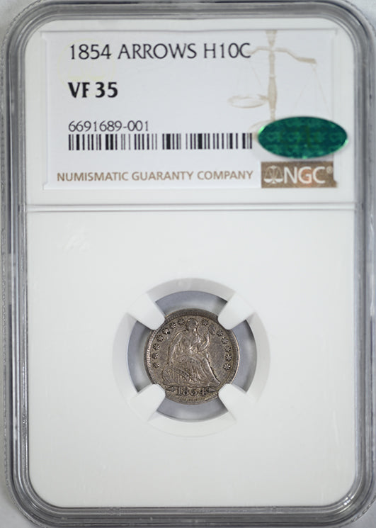 1854 Liberty Seated Half Dime H10C NGC VF35 CAC - Arrows