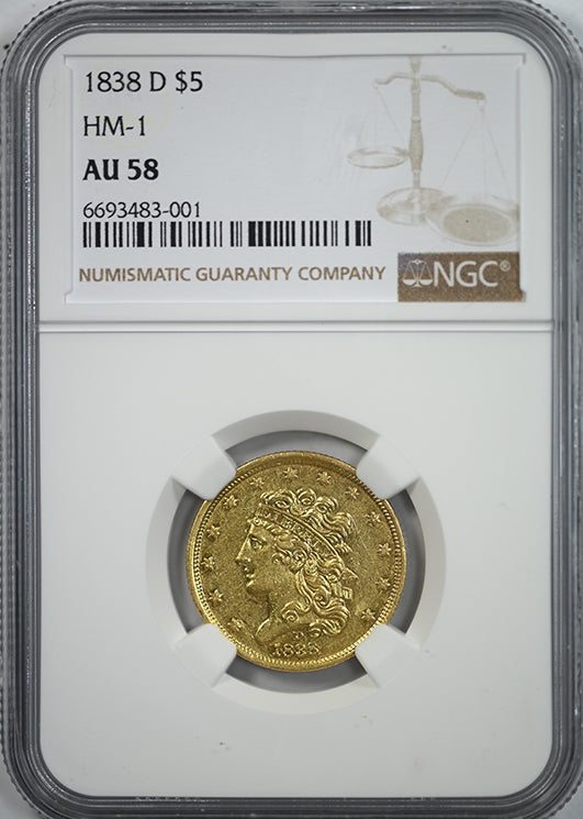1838-D Classic Head Gold Half Eagle $5 NGC AU58 HM-1 Obverse Slab