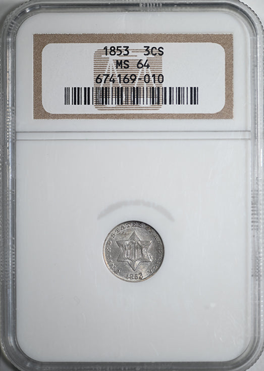 1853 Three Cent Silver Piece 3CS NGC MS64 Obverse Slab