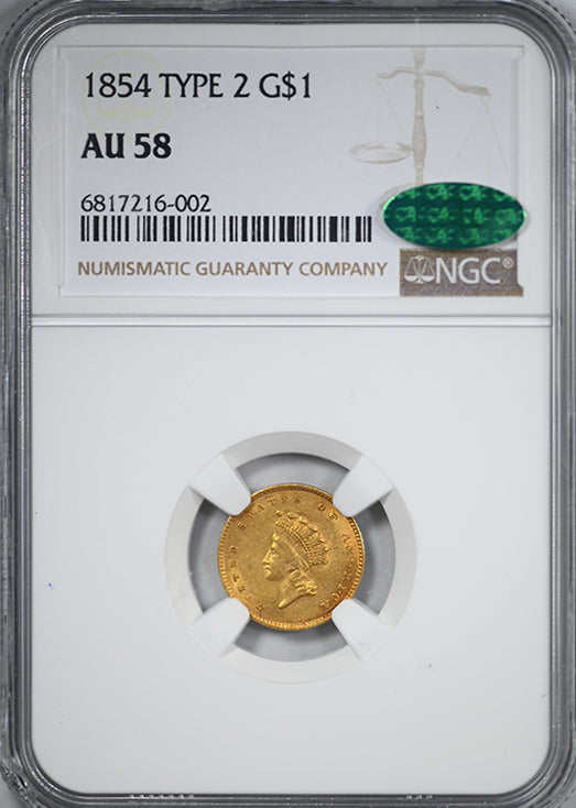 1854 Type 2 Indian Princess Head Gold Dollar G$1 NGC AU58 CAC