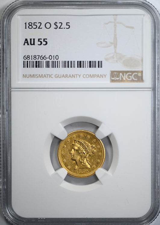 1852-O Liberty Head Gold Quarter Eagle $2.50 NGC AU55 Obverse Slab