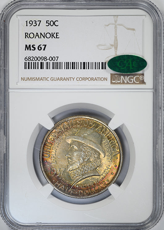 1937 Roanoke Classic Commemorative Half Dollar 50C NGC MS67 CAC - TONED! Obverse Slab