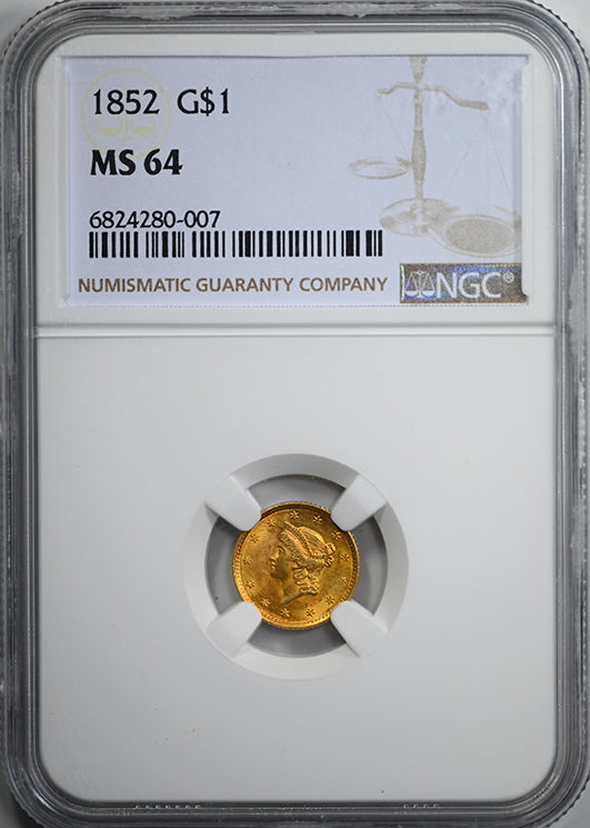 1852 Type 1 Liberty Head Gold Dollar G$1 NGC MS64 Obverse Slab