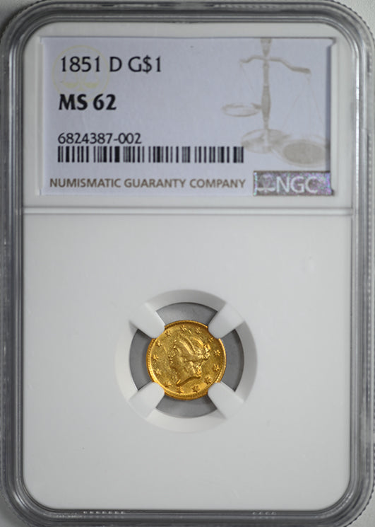1851-D Type 1 Liberty Head Gold Dollar G$1 NGC MS62 - DAHLONEGA GOLD!