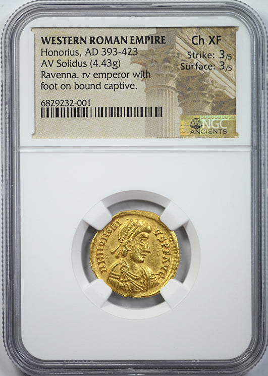 AD 393-423 Gold Western Roman Empire Honorius AV Solidus NGC Ancients Choice XF Obverse Slab
