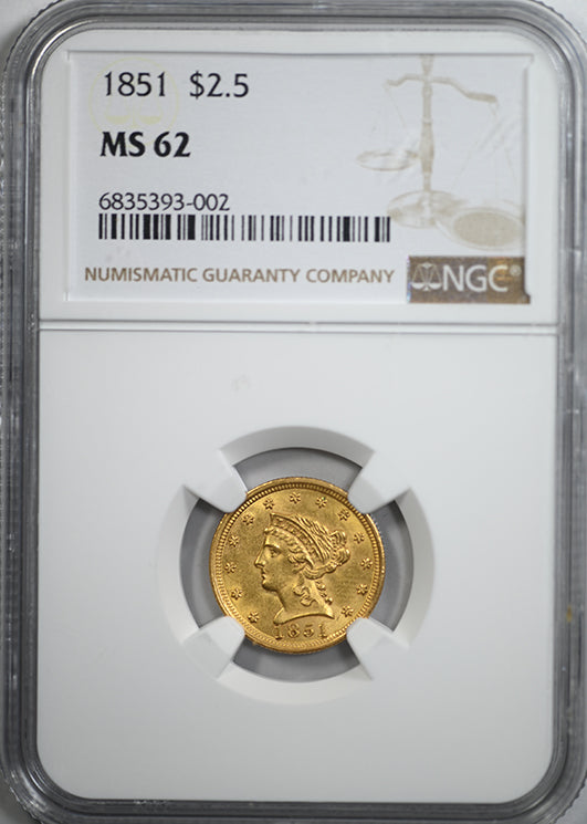 1851 Liberty Head Gold Quarter Eagle $2.50 NGC MS62