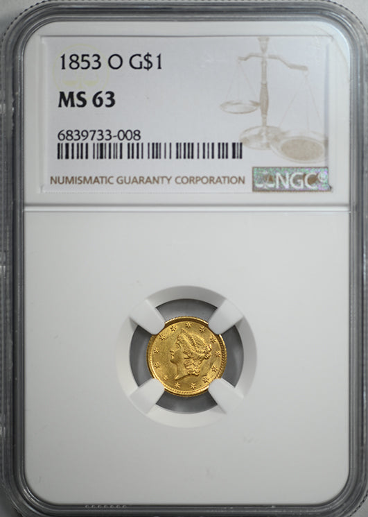 1853-O Type 1 Liberty Head Gold Dollar G$1 NGC MS63