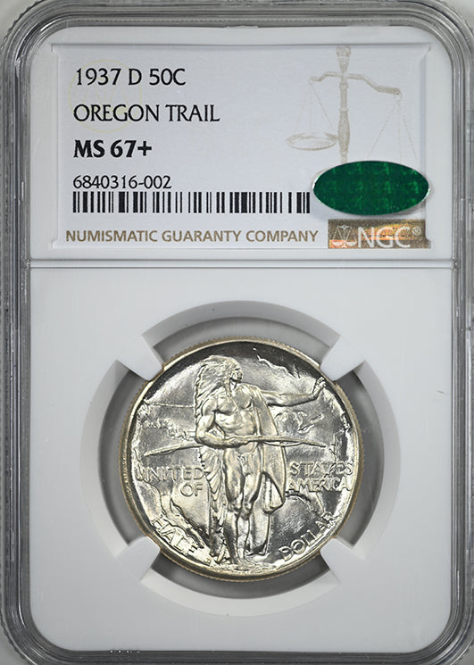 1937-D Oregon Trail Classic Commemorative Half Dollar 50C NGC MS67+ CAC - BLAST WHITE!
