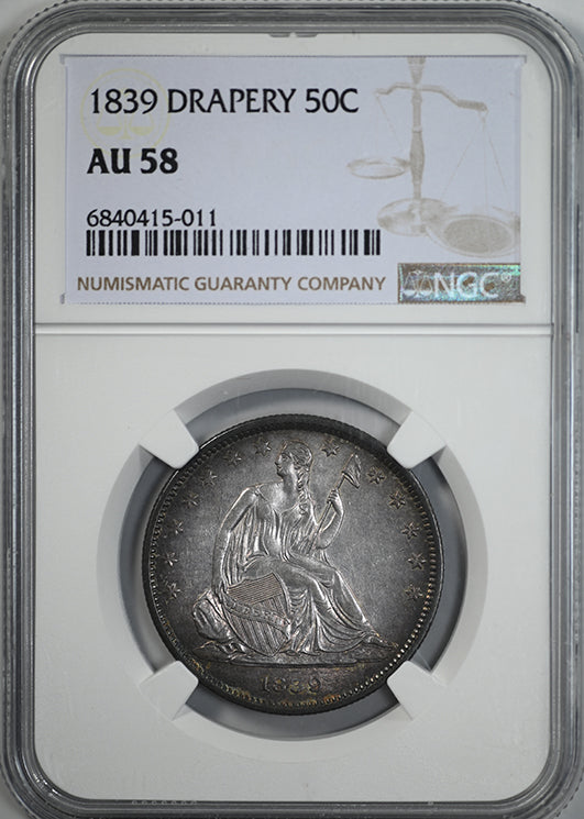 1839 Liberty Seated Half Dollar 50C NGC AU58 - Drapery Obverse Slab