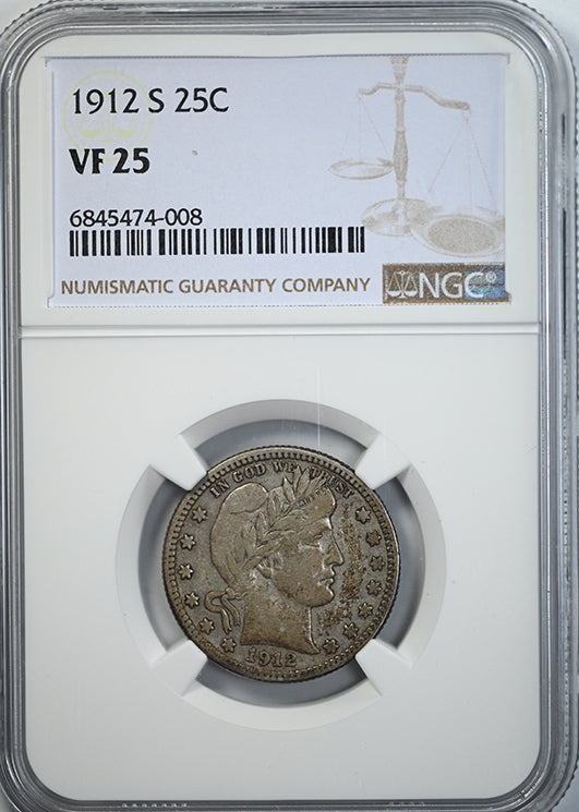 1912-S Barber Quarter 25C NGC VF25 Obverse Slab