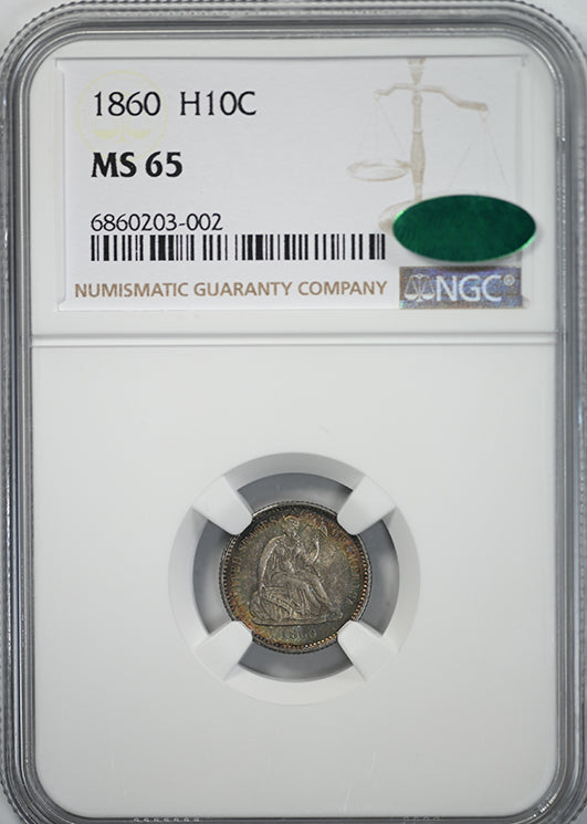 1860 Liberty Seated Half Dime H10C NGC MS65 CAC - TONED! Obverse Slab