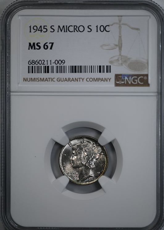 1945-S Micro S Mercury Dime 10C NGC MS67 Obverse Slab
