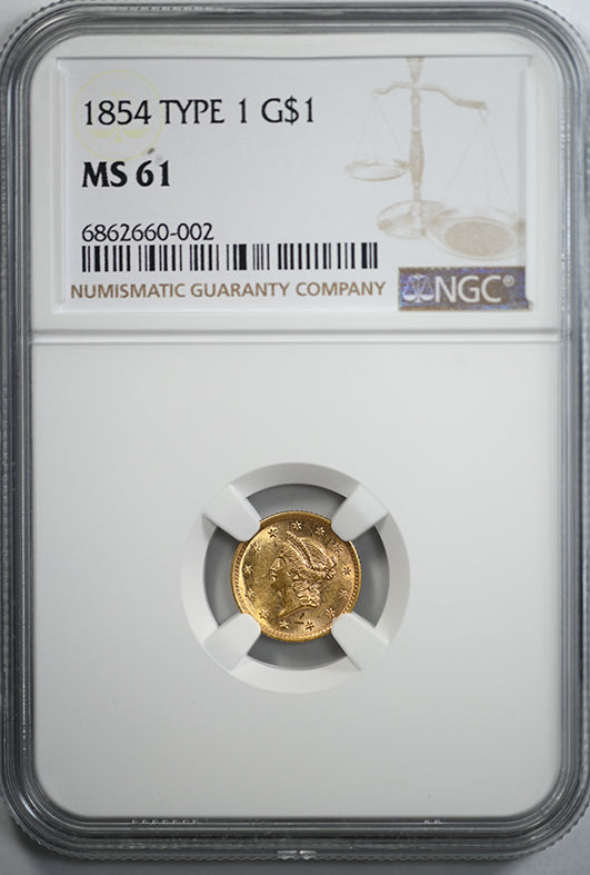 1854 Type 1 Gold Dollar G$1 NGC MS61 Obverse Slab