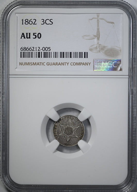 1862 Three Cent Silver Piece 3CS NGC AU50 Obverse Slab