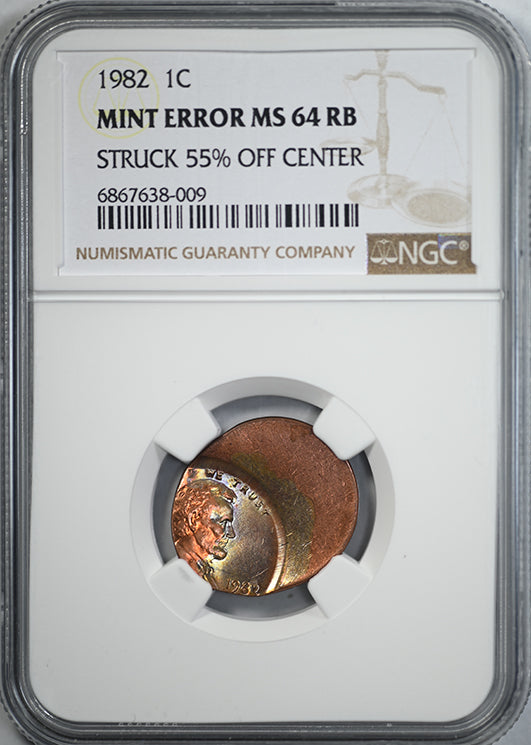 1982 Lincoln Memorial Cent 1C NGC Mint Error MS64RB - Struck 55% Off Center