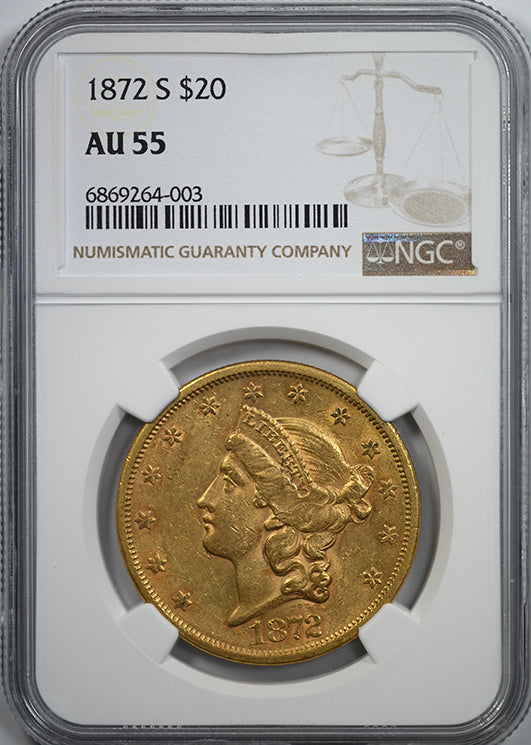 1872-S Liberty Head Gold Double Eagle $20 NGC AU55 Obverse Slab