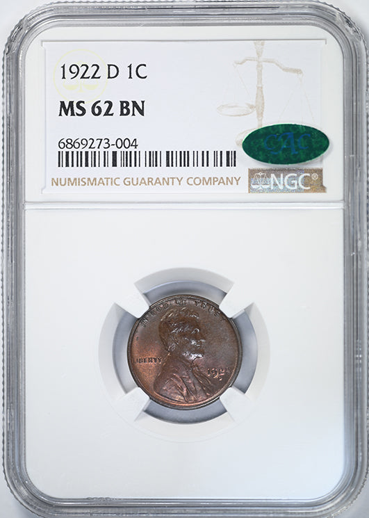 1922-D Lincoln Wheat Cent 1C NGC MS62BN CAC Obverse Slab