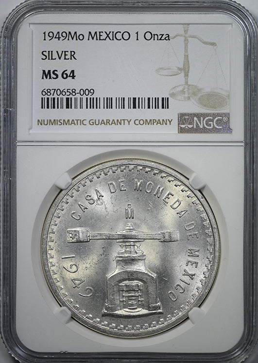 1949Mo Mexico Silver Casa de Moneda 1 Onza NGC MS64 Obverse Slab