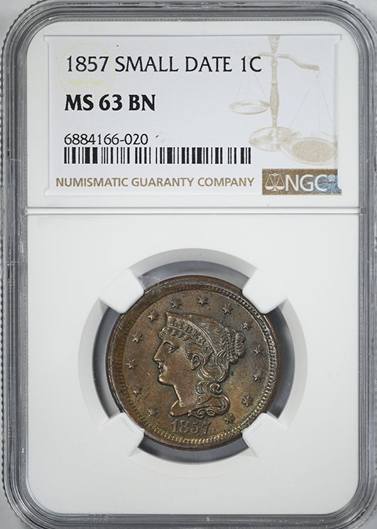 1857 Braided Hair Liberty Head Large Cent 1C NGC MS63BN - Small Date