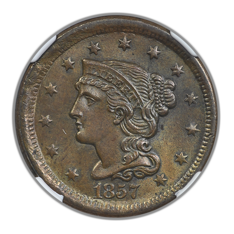 1857 Braided Hair Liberty Head Large Cent 1C NGC MS63BN - Small Date