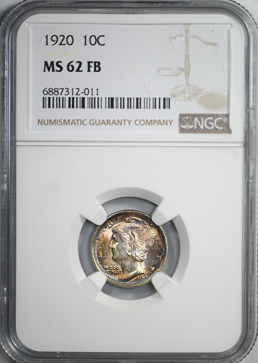 1920 Mercury Dime 10C NGC MS62FB - Full Bands - TONED!