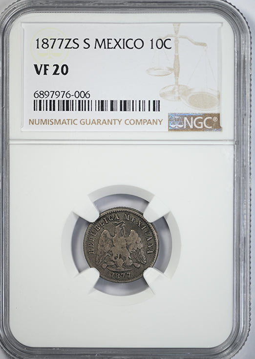 1877 ZS S Mexico 10C Centavos NGC VF20 Obverse Slab