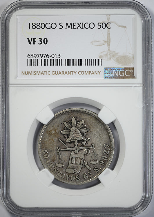 1880 GO S Mexico 50C Centavos NGC VF30 Obverse Slab